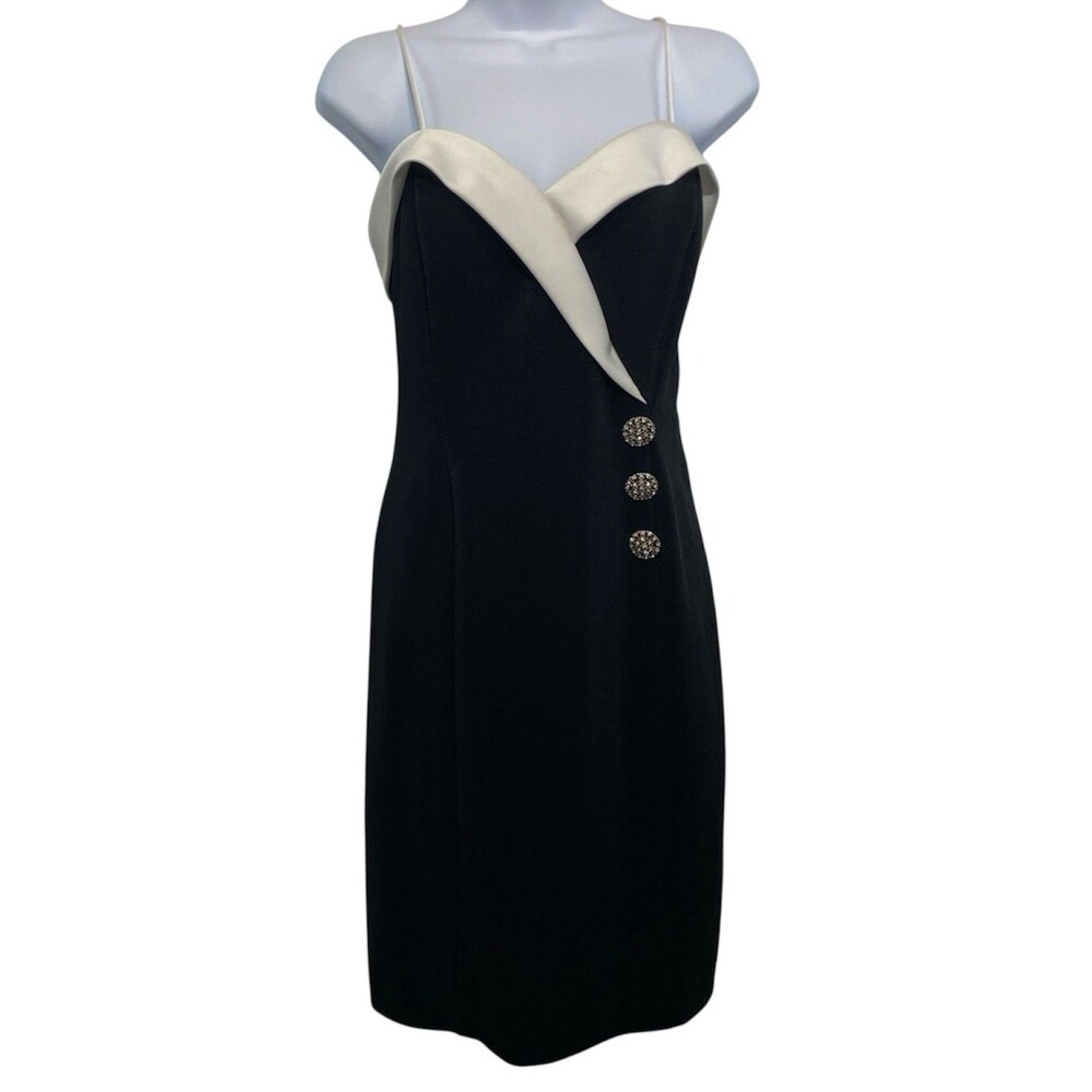 Vintage Betsy Adam Dress Womens Size 13/14 Black White Satin Trim Rhinestones